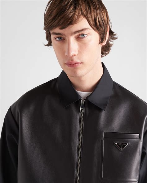 prada black nylon leather jacket|Prada distressed leather jacket.